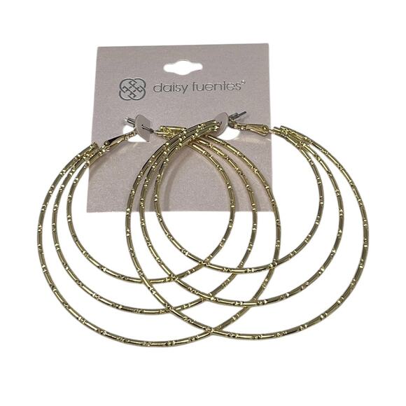 Daisy Fuentes Gold Tone Hoop Earrings Set of 2 Textured & Triple Hoops 1.5” / 3” - Picture 2 of 5